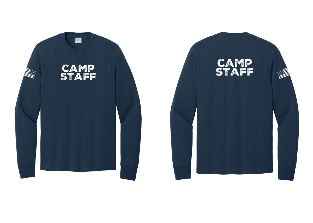 NYC Factory Camp Staff Cotton Long Sleeve T-Shirt (Rustic) - Front + Back + US Flag Sleeve - Navy