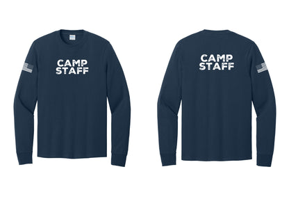 NYC Factory Camp Staff Cotton Long Sleeve T-Shirt (Rustic) - Front + Back + US Flag Sleeve - Navy