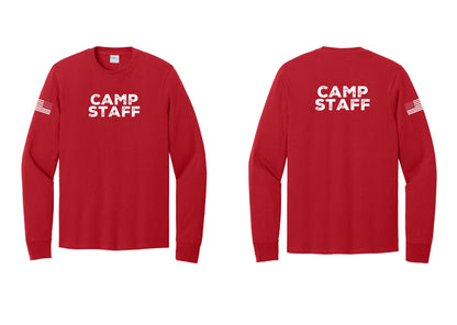 NYC Factory Camp Staff Cotton Long Sleeve T-Shirt (Rustic) - Front + Back + US Flag Sleeve - Red
