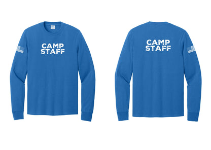 NYC Factory Camp Staff Cotton Long Sleeve T-Shirt (Rustic) - Front + Back + US Flag Sleeve - Royal