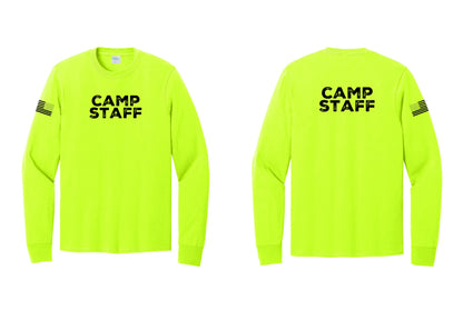 NYC Factory Camp Staff Cotton Long Sleeve T-Shirt (Rustic) - Front + Back + US Flag Sleeve - Safety Green