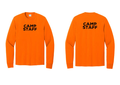 NYC Factory Camp Staff Cotton Long Sleeve T-Shirt (Rustic) - Front + Back - Safety Orange