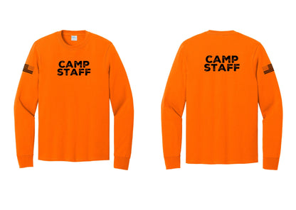 NYC Factory Camp Staff Cotton Long Sleeve T-Shirt (Rustic) - Front + Back + US Flag Sleeve - Safety Orange