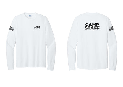NYC Factory Camp Staff Cotton Long Sleeve T-Shirt (Rustic) - Chest + Back + US Flag Sleeve - White