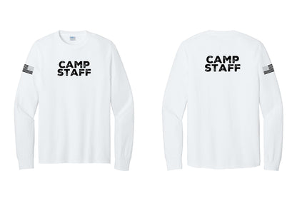 NYC Factory Camp Staff Cotton Long Sleeve T-Shirt (Rustic) - Front + Back + US Flag Sleeve - White