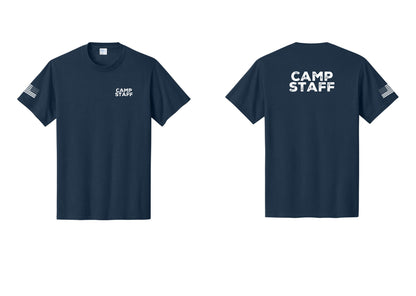 NYC Factory Unisex Camp Staff Charcoal T-Shirt - Chest + Back + US Flag Sleeve - Navy