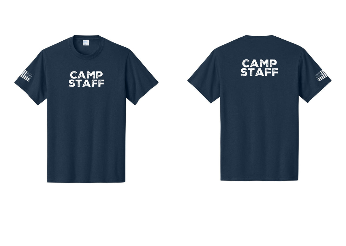 NYC Factory Unisex Camp Staff Charcoal T-Shirt - Front + Back + US Flag Sleeve - Navy