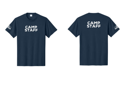 NYC Factory Unisex Camp Staff Charcoal T-Shirt - Front + Back + US Flag Sleeve - Navy