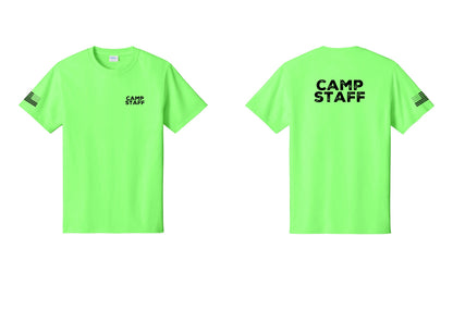 NYC Factory Camp Staff T-Shirt - Chest + Back + US Flag Sleeve - Neon Green