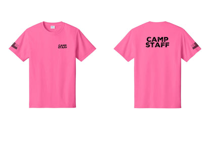 NYC Factory Camp Staff T-Shirt - Chest + Back + US Flag Sleeve - Neon Pink