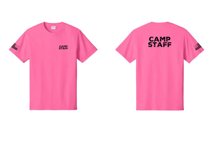 NYC Factory Unisex Camp Staff Charcoal T-Shirt - Chest + Back + US Flag Sleeve - Neon Pink