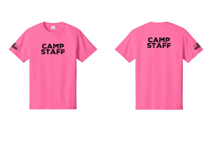 NYC Factory Camp Staff T-Shirt - Front + Back + US Flag Sleeve - Neon Pink