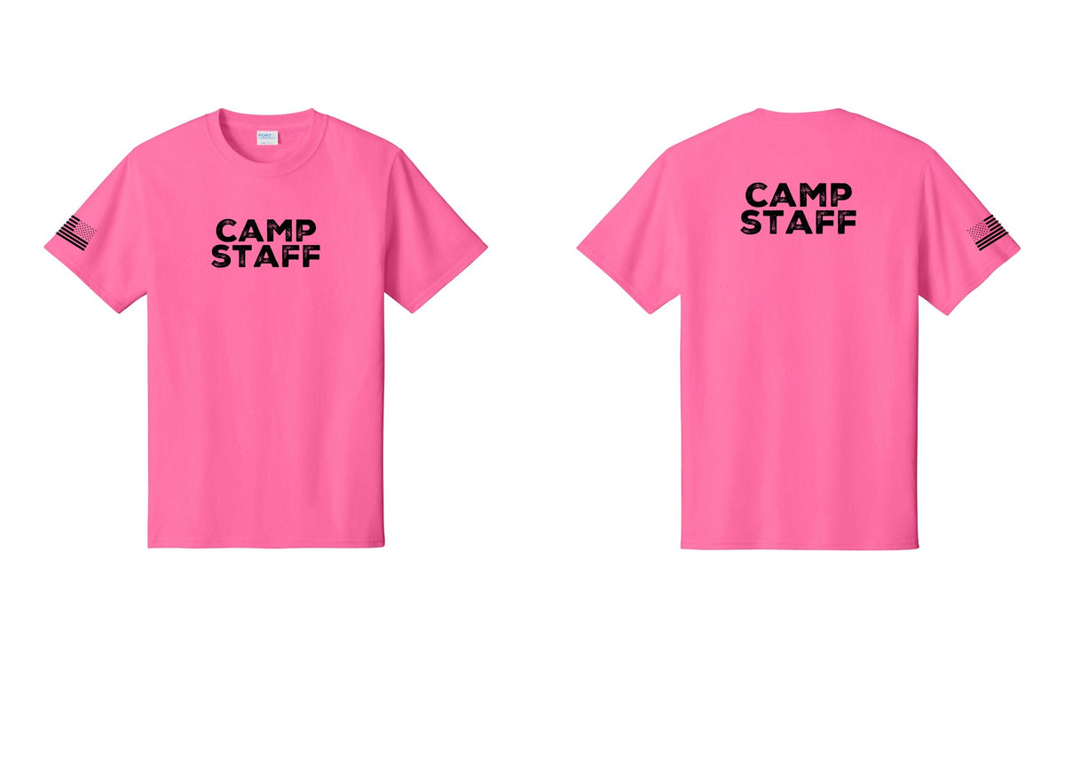 NYC Factory Unisex Camp Staff Charcoal T-Shirt - Front + Back + US Flag Sleeve - Neon Pink