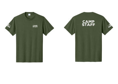 NYC Factory Unisex Camp Staff Charcoal T-Shirt - Chest + Back + US Flag Sleeve - Olive