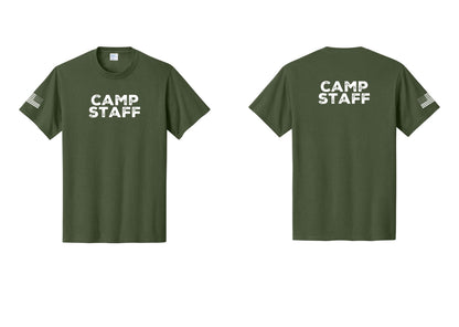 NYC Factory Camp Staff T-Shirt - Front + Back + US Flag Sleeve - Olive