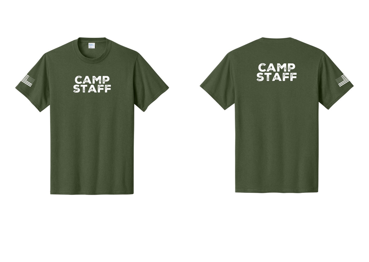 NYC Factory Unisex Camp Staff Charcoal T-Shirt - Front + Back + US Flag Sleeve - Olive