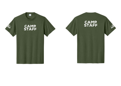 NYC Factory Unisex Camp Staff Charcoal T-Shirt - Front + Back + US Flag Sleeve - Olive