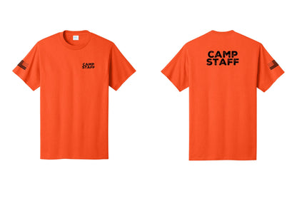NYC Factory Unisex Camp Staff Charcoal T-Shirt - Chest + Back + US Flag Sleeve - Orange