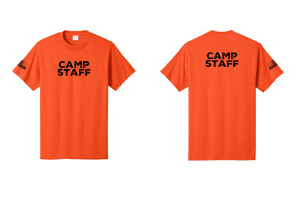NYC Factory Camp Staff T-Shirt - Front + Back + US Flag Sleeve - Orange