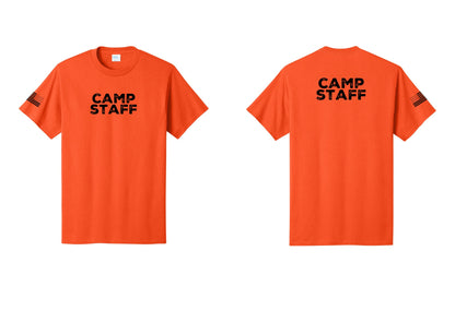 NYC Factory Unisex Camp Staff Charcoal T-Shirt - Front + Back + US Flag Sleeve - Orange