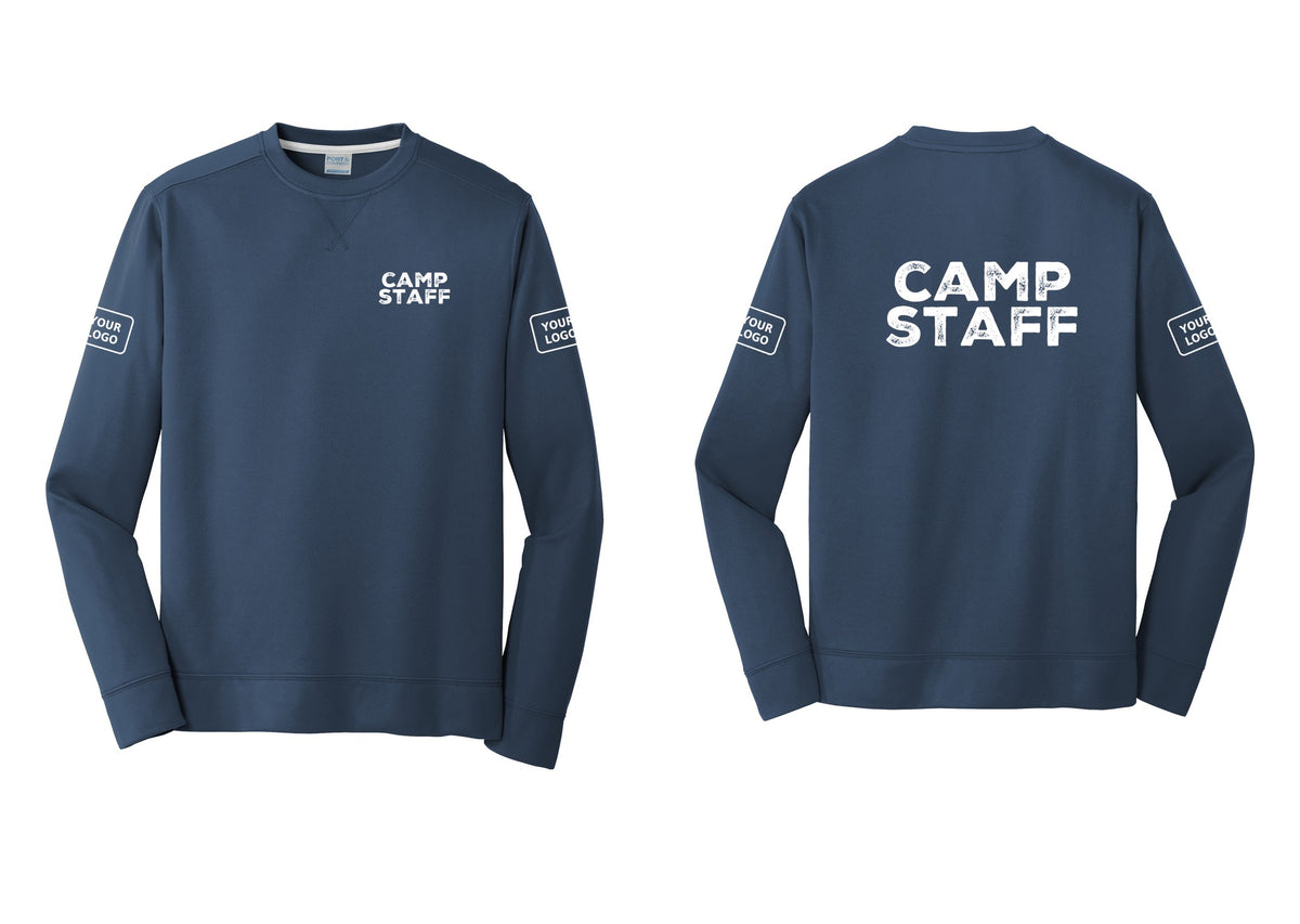 NYC Factory Custom Logo Camp Staff Performance Fleece Crewneck Sweatshirt (Rustic) - Chest + Back + Your Logo Sleeves - Navy