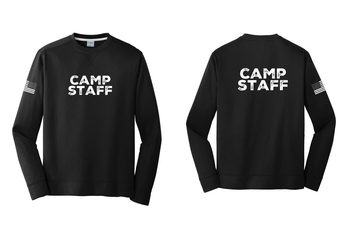 NYC Factory Camp Staff Performance Fleece Crewneck Sweatshirt (Rustic) - Front + Back + US Flag Sleeve - Black