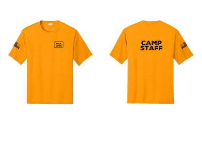 NYC Factory Custom Logo Camp Staff Performance T-Shirt (Rustic) - Your Logo + Back + US Flag Sleeve - Gold