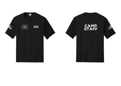 NYC Factory Custom Logo Camp Staff Performance T-Shirt (Rustic) - CAMP STAFF + Your Logo + Back + US Flag Sleeve - Black