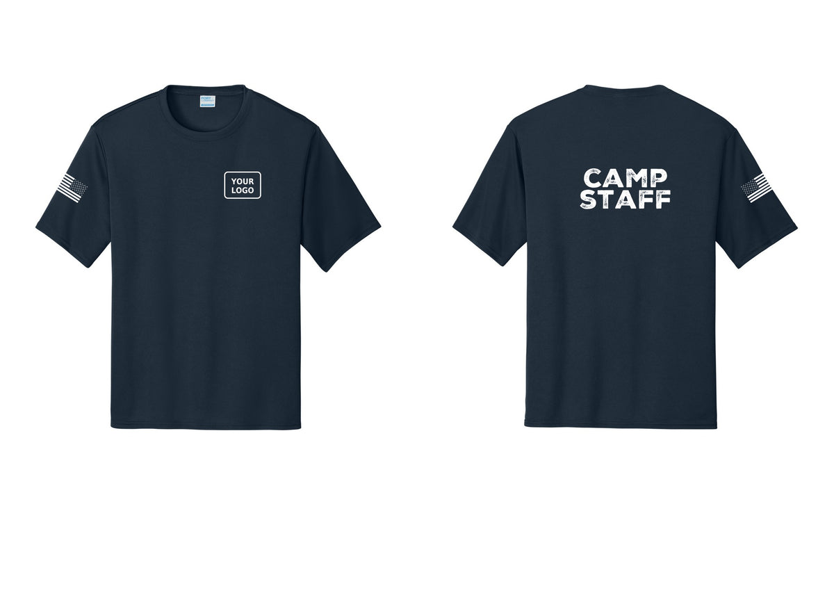 NYC Factory Custom Logo Camp Staff Performance T-Shirt (Rustic) - Your Logo + Back + US Flag Sleeve - Navy