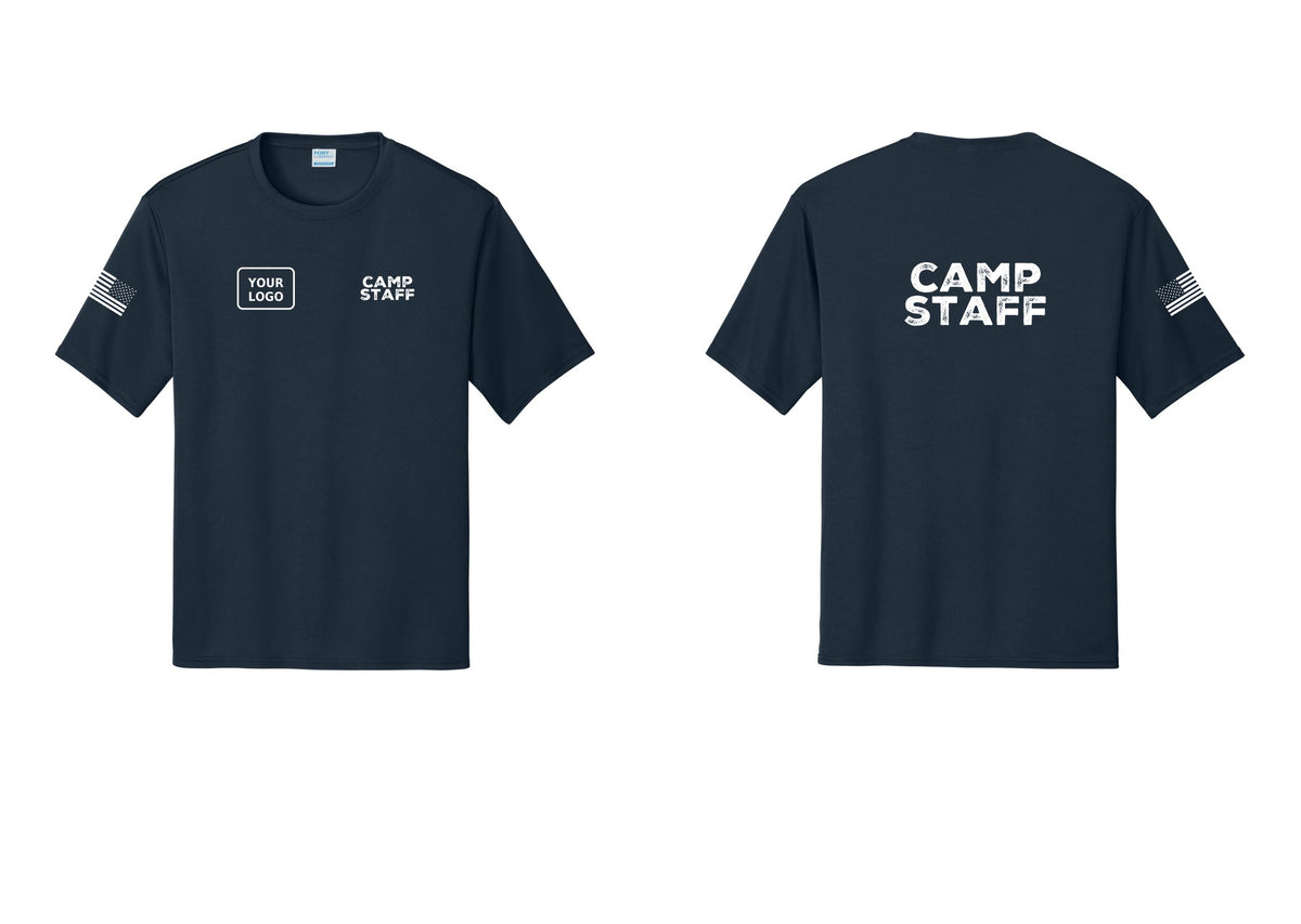 NYC Factory Custom Logo Camp Staff Performance T-Shirt (Rustic) - CAMP STAFF + Your Logo + Back + US Flag Sleeve - Navy