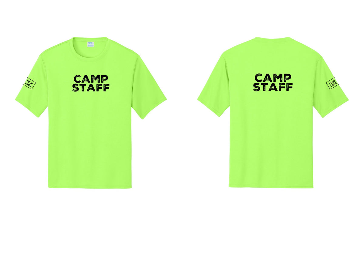 NYC Factory Custom Logo Camp Staff Performance T-Shirt (Rustic) - Front + Back + Your Logo Sleeve - Neon Green