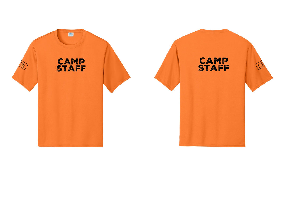 NYC Factory Custom Logo Camp Staff Performance T-Shirt (Rustic) - Front + Back + Your Logo Sleeve - Neon Orange