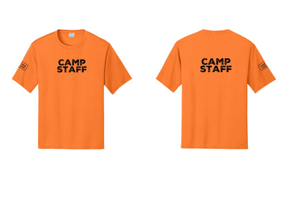 NYC Factory Custom Logo Camp Staff Performance T-Shirt (Rustic) - Front + Back + Your Logo Sleeve - Neon Orange