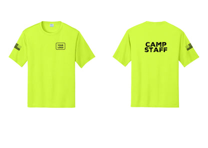 NYC Factory Custom Logo Camp Staff Performance T-Shirt (Rustic) - Your Logo + Back + US Flag Sleeve - Neon Yellow