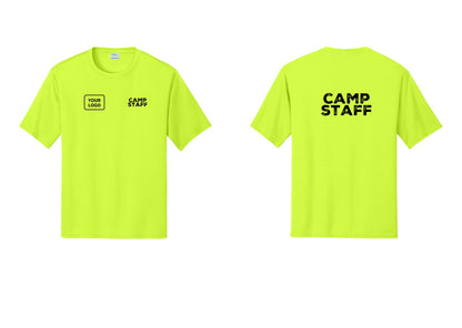 NYC Factory Custom Logo Camp Staff Performance T-Shirt (Rustic) - CAMP STAFF + Your Logo + Back - Neon Yellow