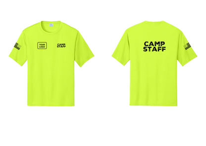 NYC Factory Custom Logo Camp Staff Performance T-Shirt (Rustic) - CAMP STAFF + Your Logo + Back + US Flag Sleeve - Neon Yellow
