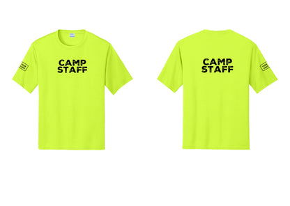 NYC Factory Custom Logo Camp Staff Performance T-Shirt (Rustic) - Front + Back + Your Logo Sleeve - Neon Yellow