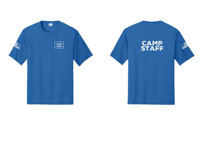 NYC Factory Custom Logo Camp Staff Performance T-Shirt (Rustic) - Your Logo + Back + US Flag Sleeve - Royal