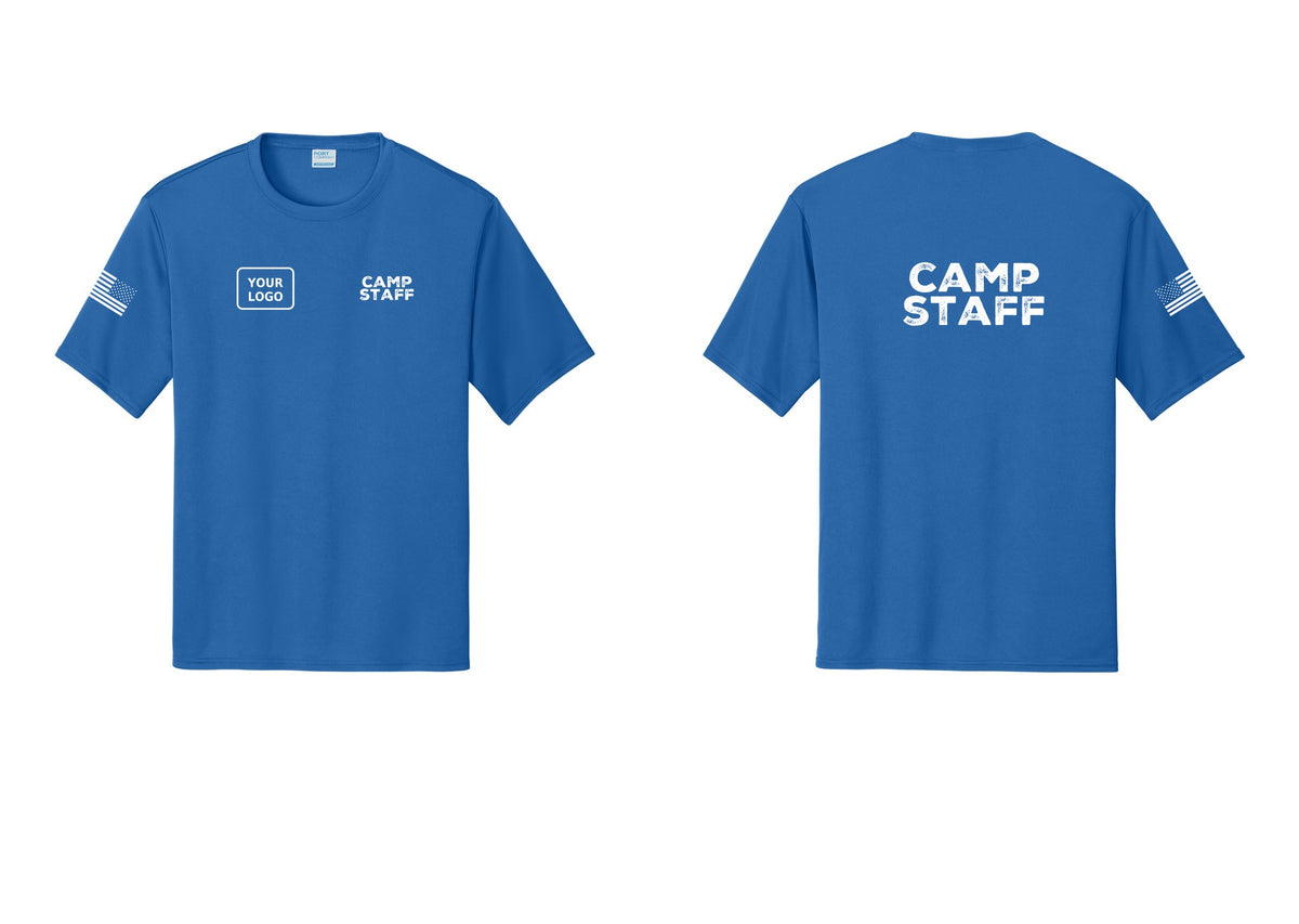 NYC Factory Custom Logo Camp Staff Performance T-Shirt (Rustic) - CAMP STAFF + Your Logo + Back + US Flag Sleeve - Royal