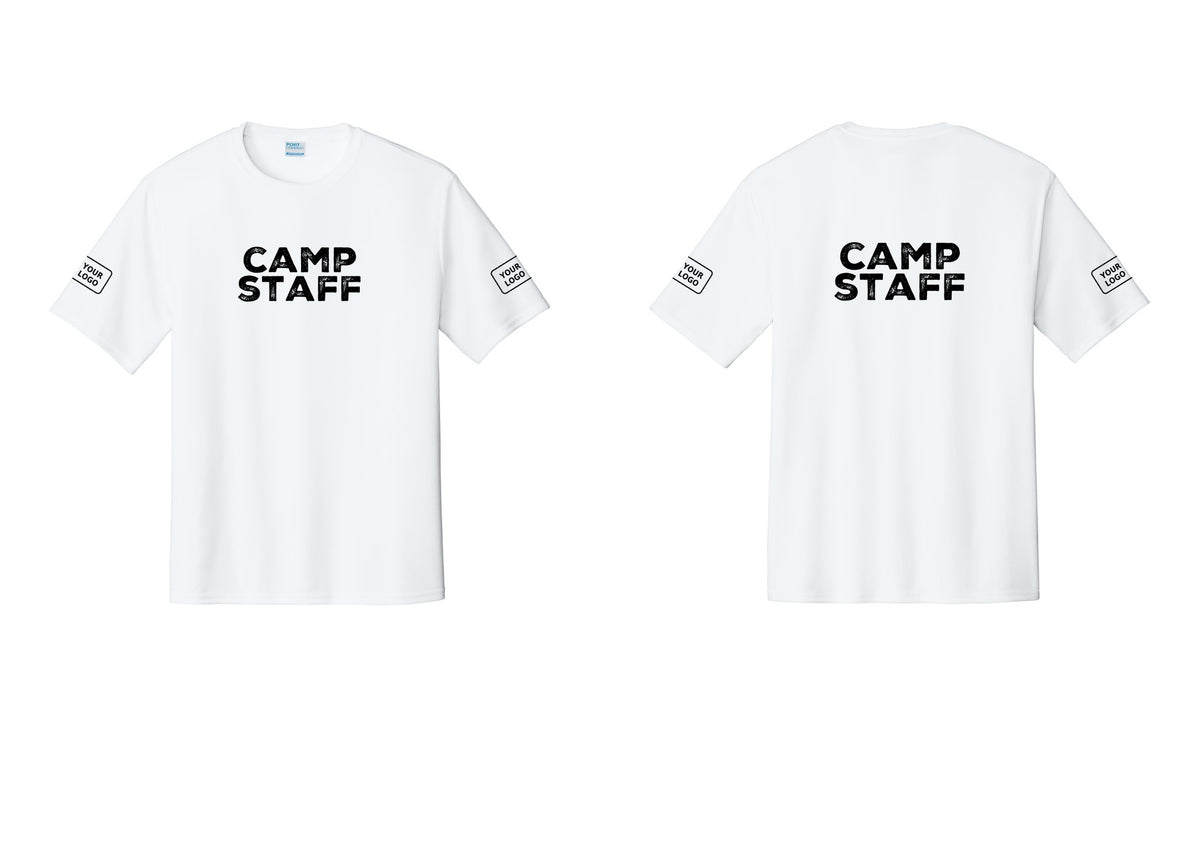 NYC Factory Custom Logo Camp Staff Performance T-Shirt (Rustic) - Front + Back + Your Logo Sleeves - White