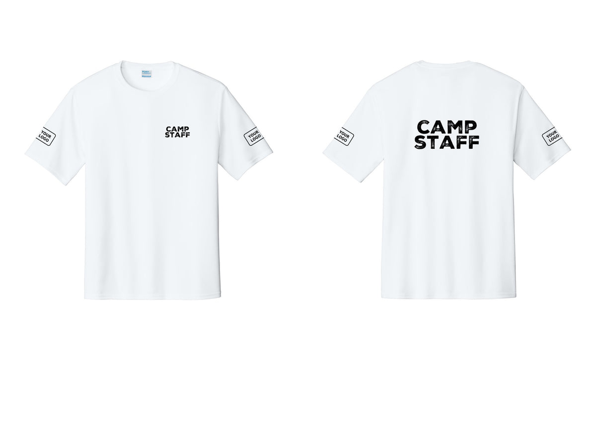 NYC Factory Custom Logo Camp Staff Performance T-Shirt (Rustic) - Chest + Back + Your Logo Sleeves - White