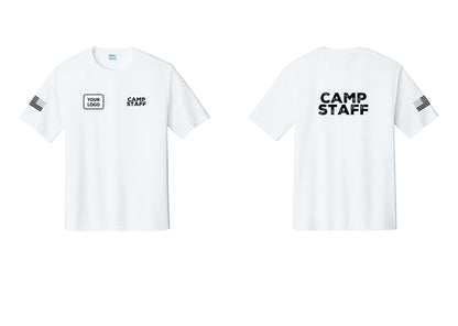 NYC Factory Custom Logo Camp Staff Performance T-Shirt (Rustic) - CAMP STAFF + Your Logo + Back + US Flag Sleeve - White