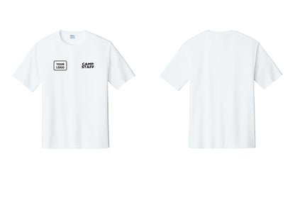 NYC Factory Custom Logo Camp Staff Performance T-Shirt (Rustic) - CAMP STAFF + Your Logo - White