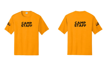 NYC Factory Camp Staff Performance T-Shirt (Rustic) - Front + Back + US Flag Sleeve - Gold
