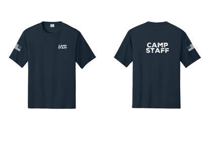 NYC Factory Camp Staff Performance T-Shirt (Rustic) - Chest + Back + US Flag Sleeve - Navy