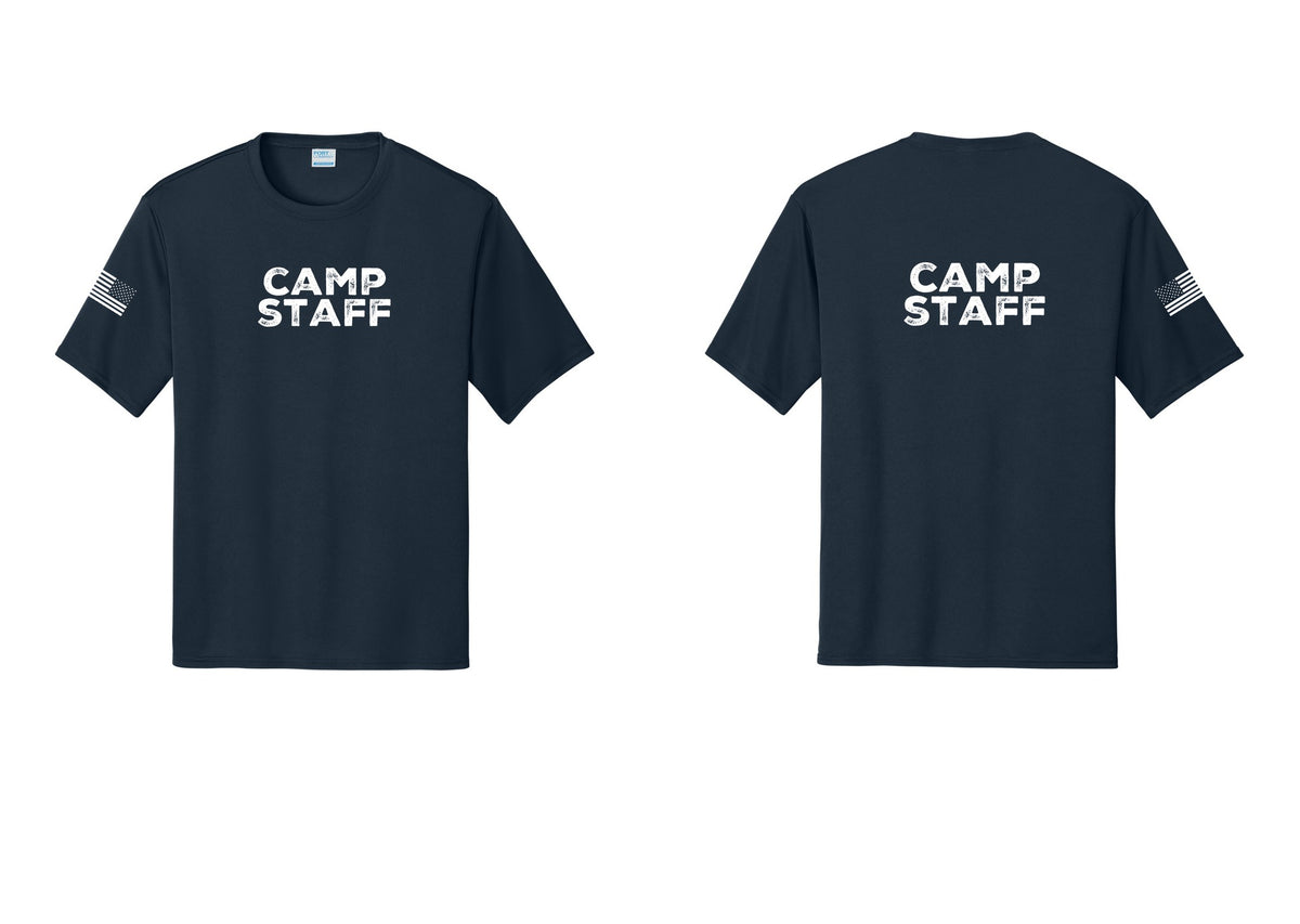 NYC Factory Camp Staff Performance T-Shirt (Rustic) - Front + Back + US Flag Sleeve - Navy