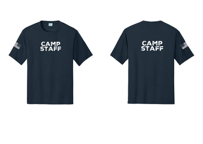 NYC Factory Camp Staff Performance T-Shirt (Rustic) - Front + Back + US Flag Sleeve - Navy