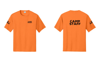 NYC Factory Camp Staff Performance T-Shirt (Rustic) - Chest + Back + US Flag Sleeve - Neon Orange