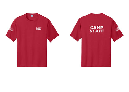 NYC Factory Camp Staff Performance T-Shirt (Rustic) - Chest + Back + US Flag Sleeve - Red