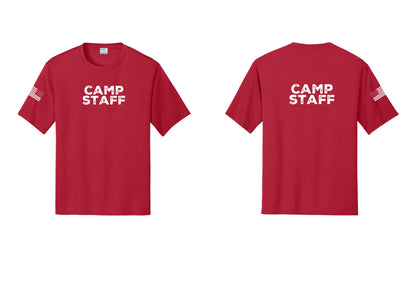 NYC Factory Camp Staff Performance T-Shirt (Rustic) - Front + Back + US Flag Sleeve - Red